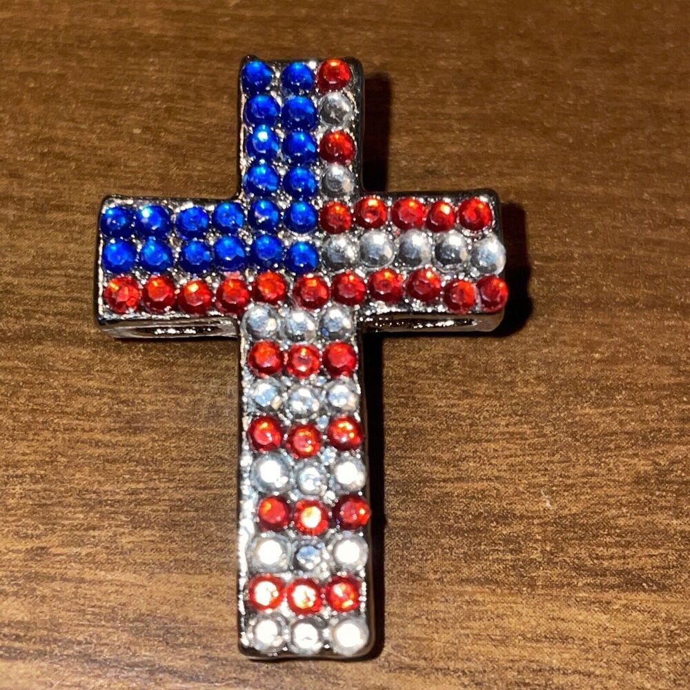 Bejeweled Patriotic Religious Cross Lapel Pin Red White Blue God Bless The USA
